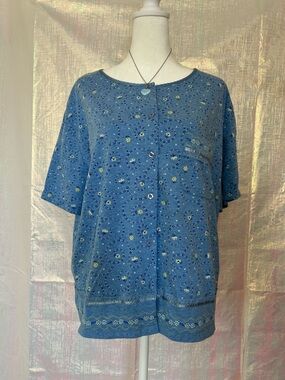 Vintage Floral Ashley Stewart Blue Short-Sleeve Patterned Pajama Set. Size L.